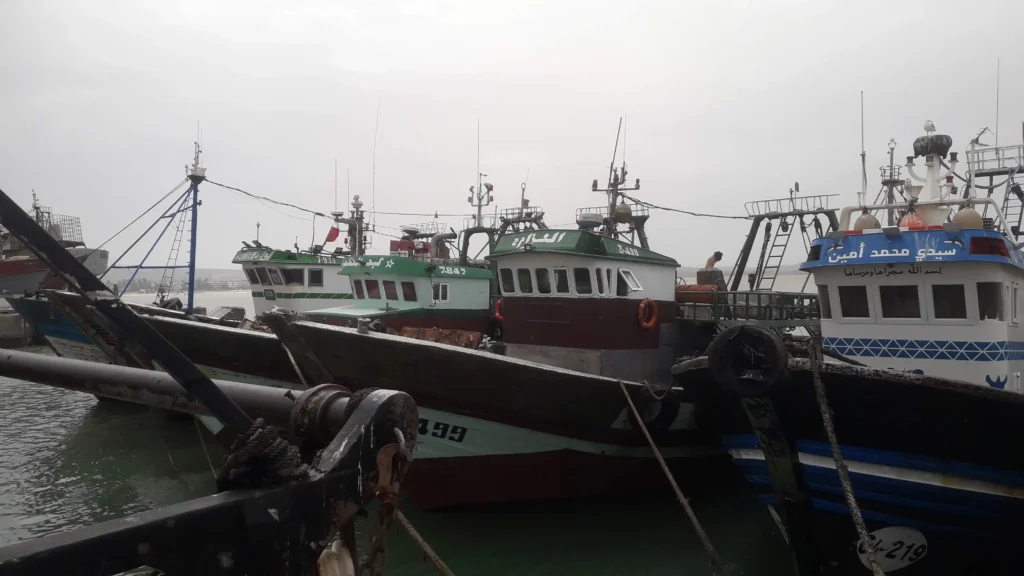 Photo des bateaux de pêche traditionnel El Azzam 4 et Abd Echchakour en mer à Essaouira, capturant des poissons frais pour le Restaurant Café El Azzam.